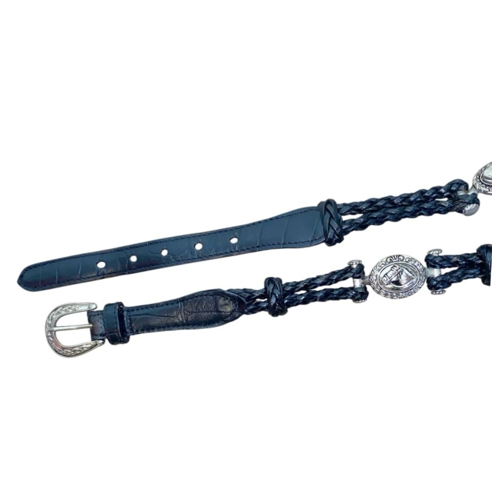 Vintage 90s Equestrian Western Horse Silver Studded Braided Black Leather Belt - Picture 6 of 7
